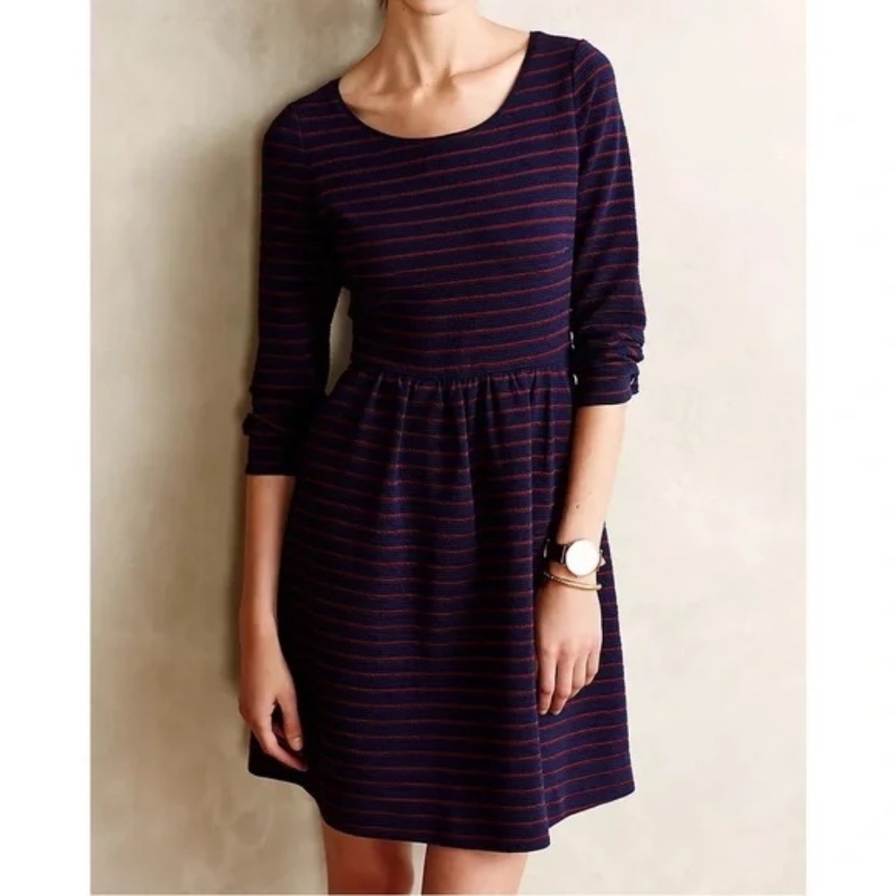 Anthropologie Maeve Brenna Dress Fit & Flare Navy Red Stripes Pockets Size 4